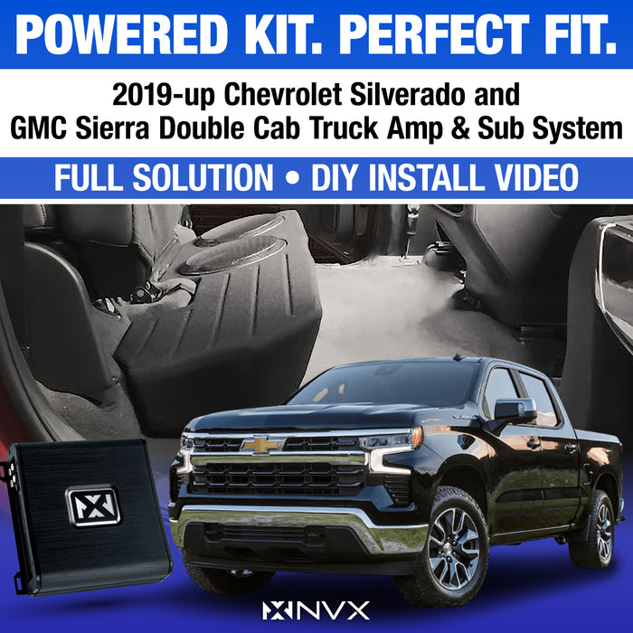 2019-up Chevrolet Silverado and GMC Sierra Double Cab Bass Package - Includes Two 12" 800W RMS Subwoofers, Custom Enclosure, Monoblock Amplifier, Line Out Converter and Complete Wiring Kit (PBK-GM-SLVDC-G4)