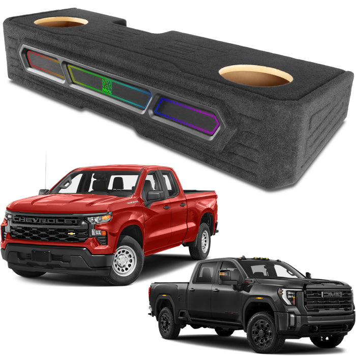 Custom Dual 10" Under-seat Sealed Unloaded Subwoofer Enclosure with LED Lighting for 2019-2024 Chevrolet Silverado and GMC Sierra Crew Cab Trucks | BE-GM-19SLVCC-S210