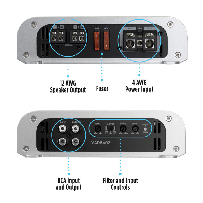 VAD8402 840W RMS V-Series Full-Range Class-D 2-Channel Amplifier (Marine Certified)